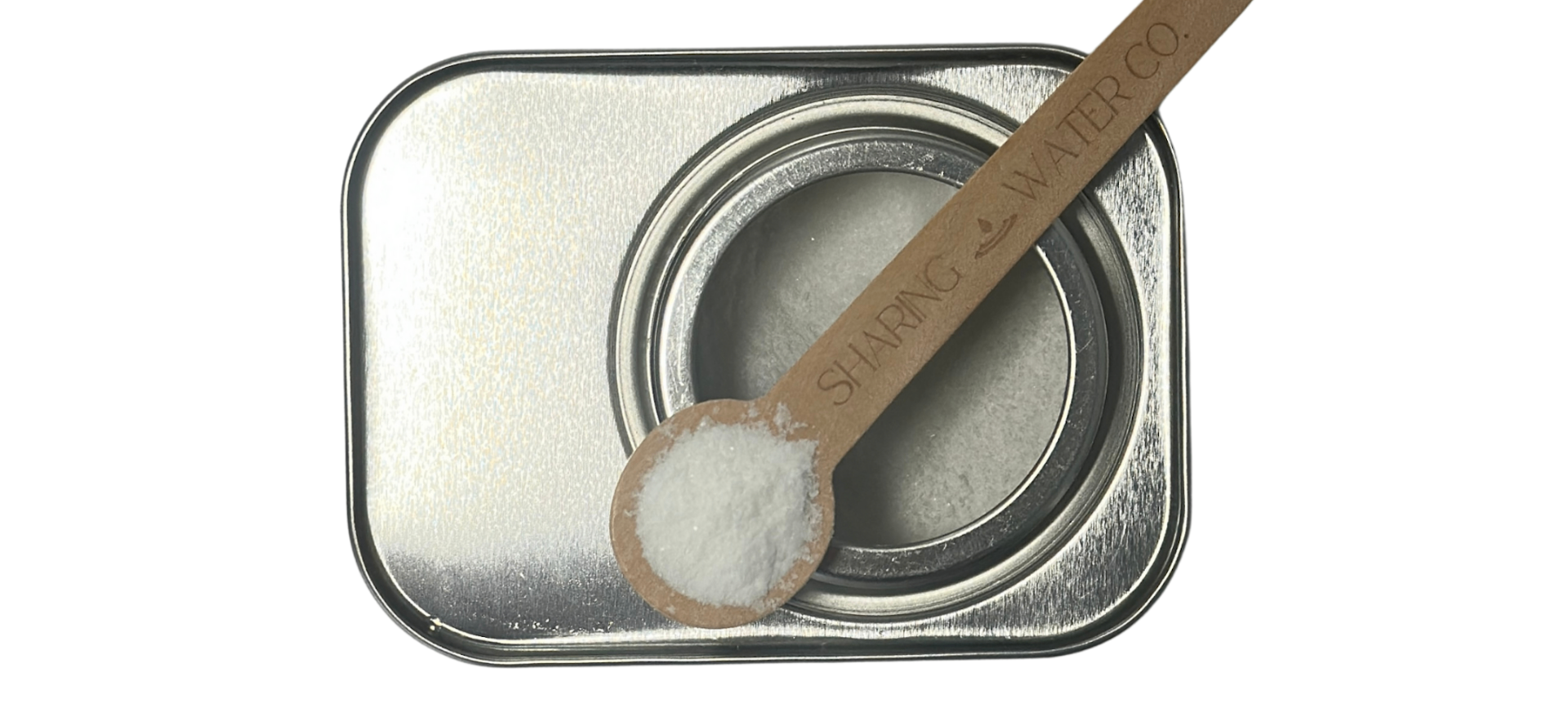 Sharing Water Co. bath water neutralizer tin with wooden scooper